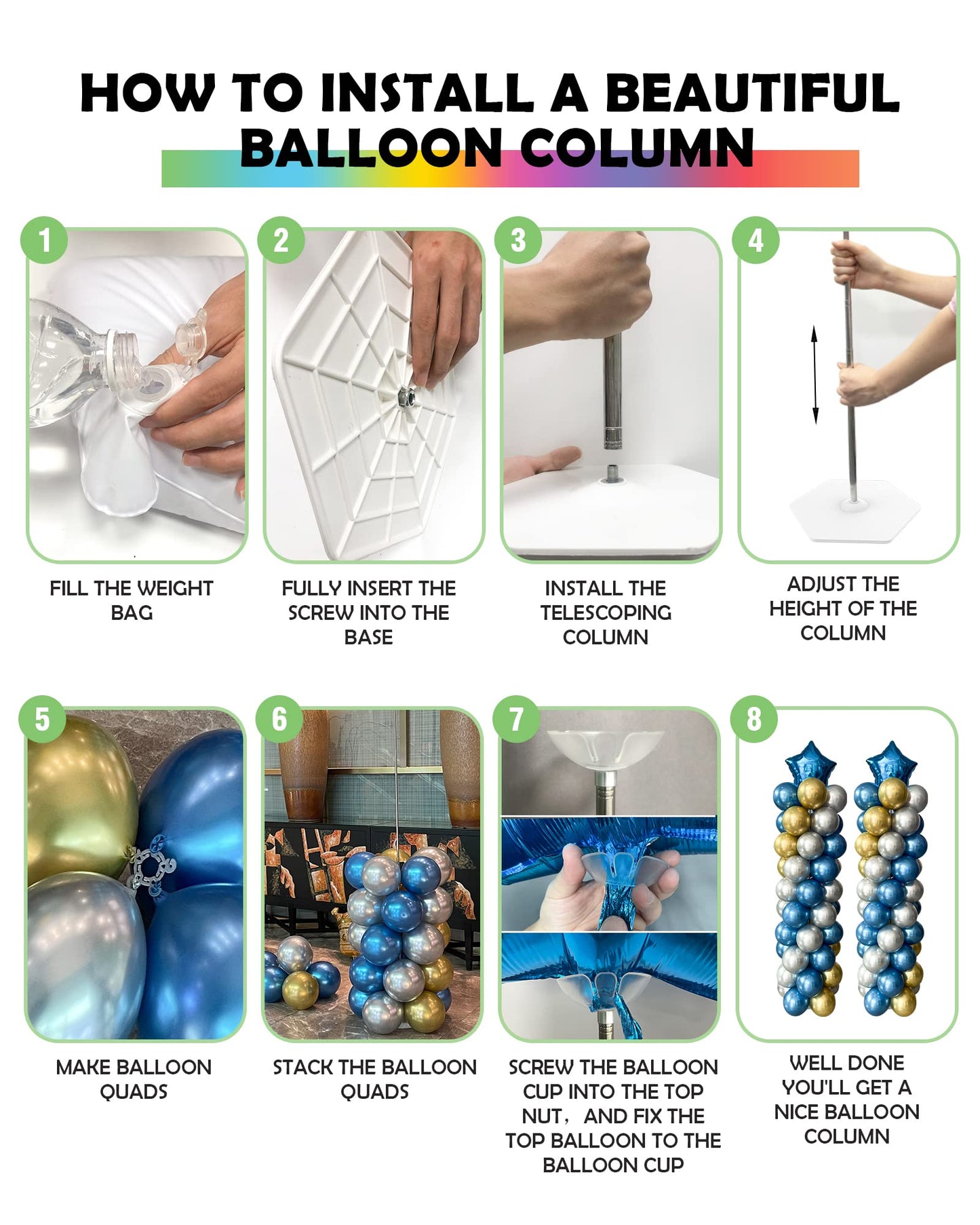 YALLOVE Balloon Column Stand Kit, 2 Sets of 7 Feet Height Adjustable Balloon Tower Pillar with Reusable Metal Telescopic Design for Birthday, Wedding, Baby Shower, Graduation Party Decoration