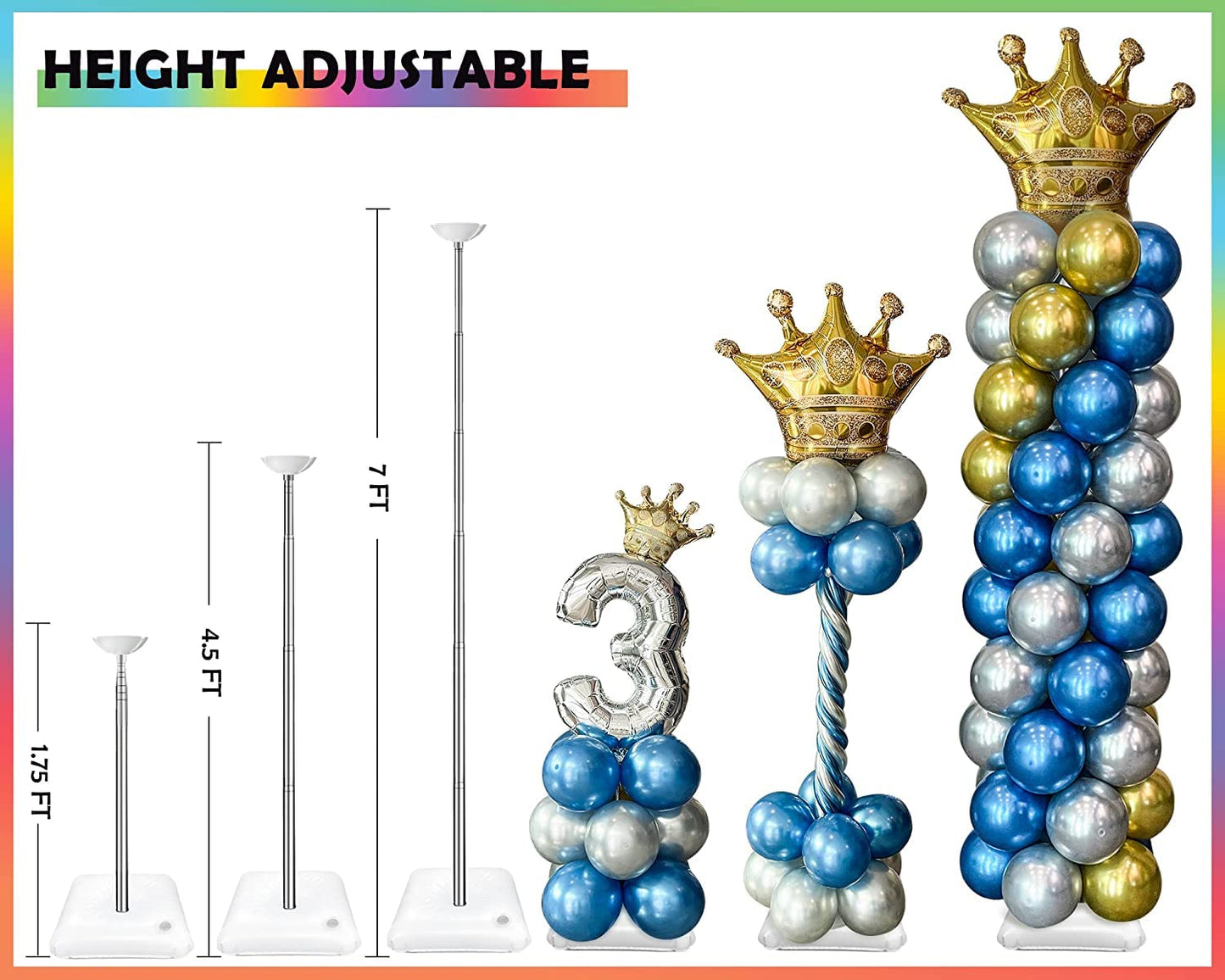 YALLOVE Balloon Column Stand Kit, 2 Sets of 7 Feet Height Adjustable Balloon Tower Pillar with Reusable Metal Telescopic Design for Birthday, Wedding, Baby Shower, Graduation Party Decoration